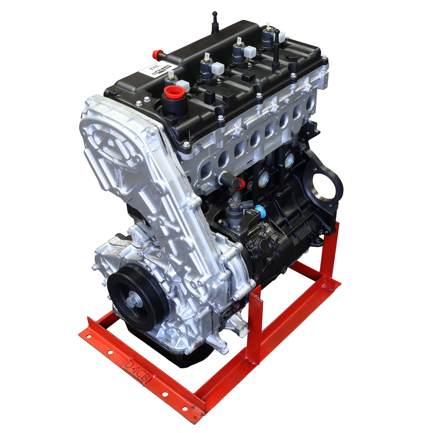 A new Hyundai iLoad 2.5 diesel fuelled engine, displayed on a red stand, ready for installation.