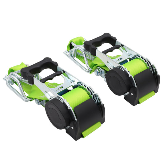 Pair of Green Retractable Ratchet Straps with Swan Hooks 50mm Wide 3m Long - RW216