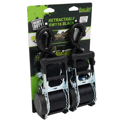Pair of Black Retractable Ratchet Straps with Safety Clips 50mm Wide 3m Long - RW116