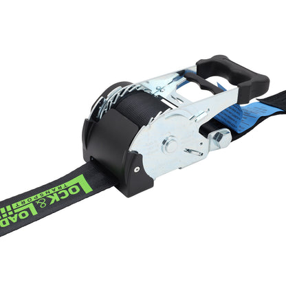 Pair of Black Retractable Ratchet Straps with Safety Clips 50mm Wide 3m Long - RW116