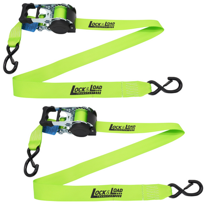 Pair of Green Retractable Ratchet Straps with Safety Clips 50mm Wide 3m Long - RW116